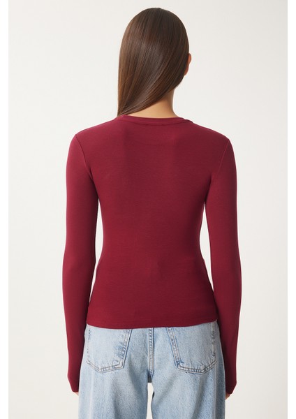 2' Li Paket Bisiklet Yaka Parmak Geçmeli Basic Örme Bluz Bordo Taş LCR0011