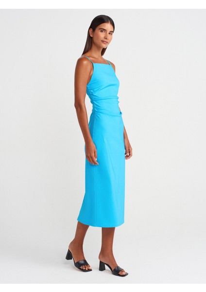 91479 Büzgülü Midi Elbise-Turkuaz