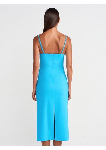 91479 Büzgülü Midi Elbise-Turkuaz fiyatları