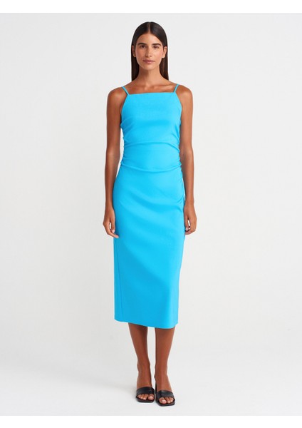 91479 Büzgülü Midi Elbise-Turkuaz fırsatları