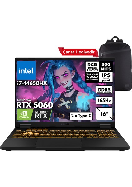 Tuf Gaming F16 I7-14650HX 32-Gbddr5 4 Tbssd RTX5060 (8GB-GDDR7-115W) 16" Wuxga 165Hz Freedos + Sırt Çantası FX608JMR-RV024HMF12