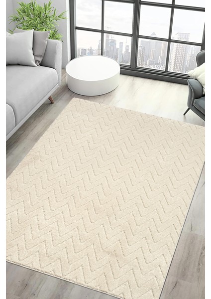 Moopy Krem Bukleli Yumuşak Zikzak Dokuma Yolluk Halı Salon Halısı LP6497_KREM