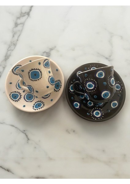 Dekoratif 2 Kişilik Şık Nazar Boncuğu Tasarımlı Tamamen El Yapımı Kahve Fincan Seti