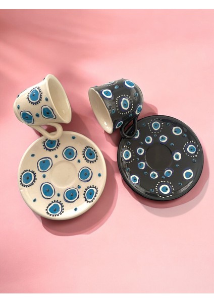 Dekoratif 2 Kişilik Şık Nazar Boncuğu Tasarımlı Tamamen El Yapımı Kahve Fincan Seti modelleri