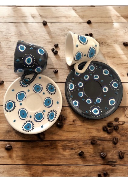 Dekoratif 2 Kişilik Şık Nazar Boncuğu Tasarımlı Tamamen El Yapımı Kahve Fincan Seti fırsatları