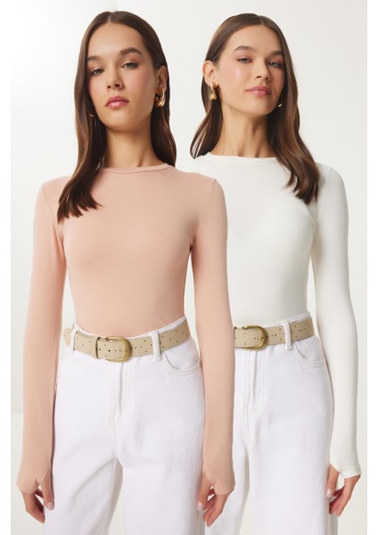 2' Li Paket Bisiklet Yaka Parmak Geçmeli Basic Örme Bluz Bisküvi Ekru LCR0011