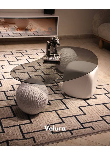 Modern Orta Sehpa & Top Sehpa Cam Sehpa & Küre Orta Sehpa - 2 Dragon (Beyaz) & 1 Beyaz Zar - Fasulye - Füme Cam