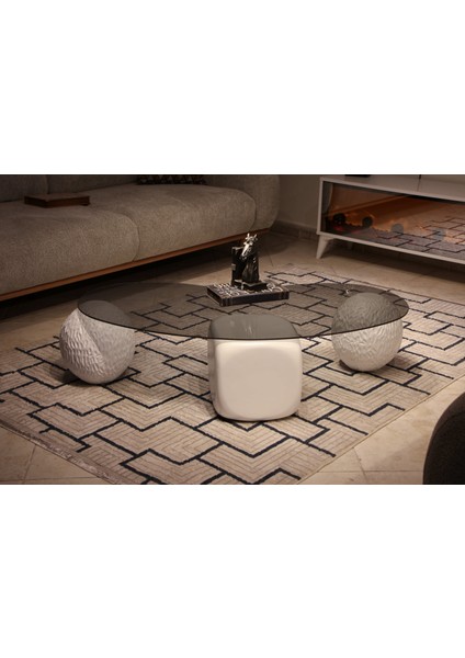 Modern Orta Sehpa & Top Sehpa Cam Sehpa & Küre Orta Sehpa - 2 Dragon (Beyaz) & 1 Beyaz Zar - Fasulye - Füme Cam