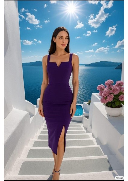 Kadın Dalgıç Krep Kumaş Yırtmaç Detaylı Midi Boy Elbise