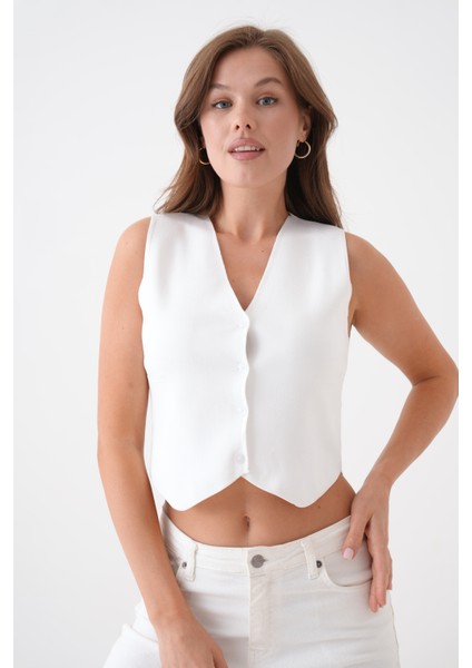 Kadın Beyaz V Yaka Crop Triko Yelek