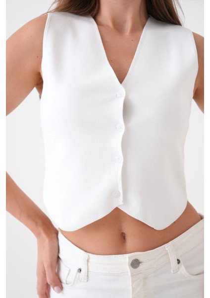 Kadın Beyaz V Yaka Crop Triko Yelek fiyatları