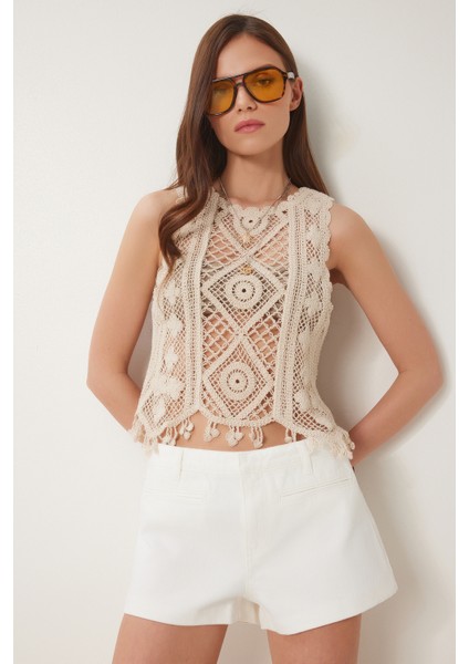 Ajurlu Yazlık Triko Bluz Krem LTP0019
