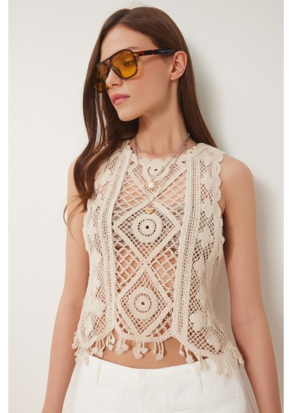 Ajurlu Yazlık Triko Bluz Krem LTP0019