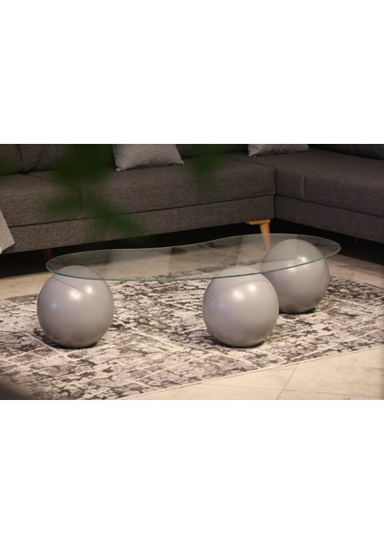 Modern Orta Sehpa & Top Sehpa Cam Sehpa & Küre Orta Sehpa - Gri Top - Fasulye - Şeffaf Cam
