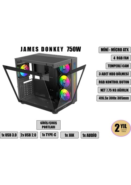 Stark S800 4xargb Temperli Cam 750W 80+ Bronze Atx Siyah Gaming (Oyuncu) Kasa