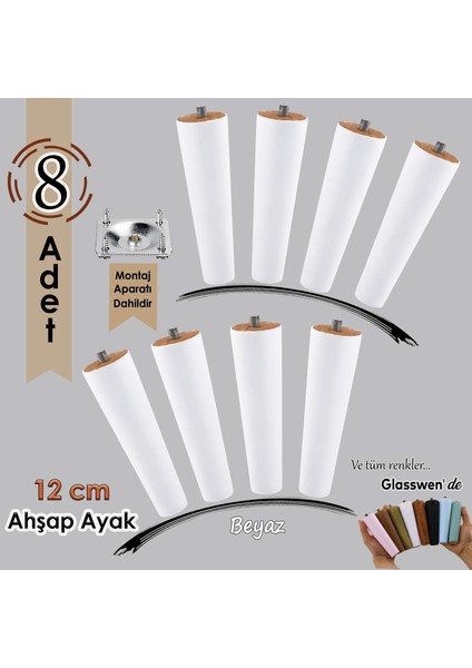 8 Adet Ahşap Ayak 12 cm Beyaz M8 Civatalı Bağlantı Aparatlı Dolap Mobilya Koltuk Kanepe Destek Ayağı Ayakları