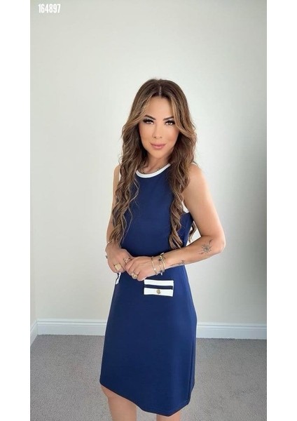 Kadın Vskon Kumaş Sıfır Kol Cep Detaylı Midi Boy Elbise