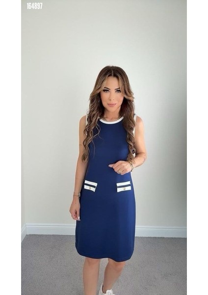 Kadın Vskon Kumaş Sıfır Kol Cep Detaylı Midi Boy Elbise modelleri