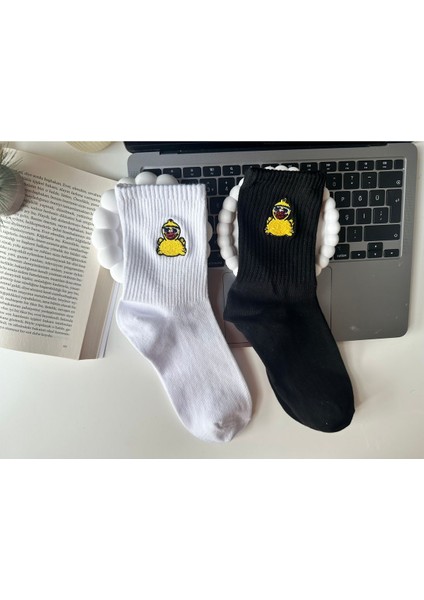 Sevimli Öpücük Atan Civciv Nakışlı Yazlık Kışlık Pamuklu Unisex Casual 2 Çift Soket Çorap