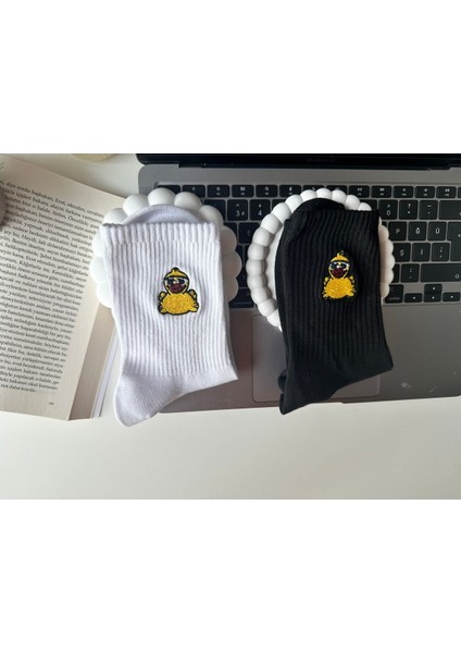 Sevimli Öpücük Atan Civciv Nakışlı Yazlık Kışlık Pamuklu Unisex Casual 2 Çift Soket Çorap