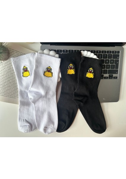 Sevimli Öpücük Atan Civciv Nakışlı Yazlık Kışlık Pamuklu Unisex Casual 2 Çift Soket Çorap