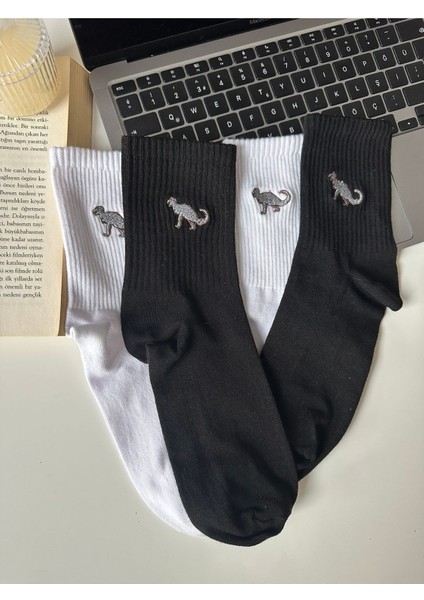 Dinazor T-Rex Nakışlı 2 Çift Siyah ve Beyaz Eğlenceli Yazlık Kışlık Pamuklu Unisex Çorap Seti