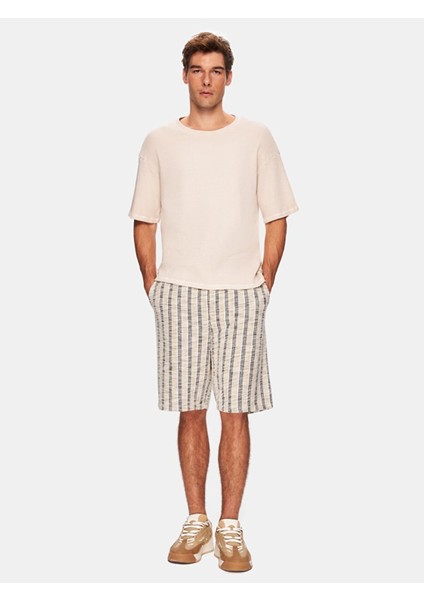 Kısa Kollu Geniş Yaka Basıc Loose Bej T-Shırt