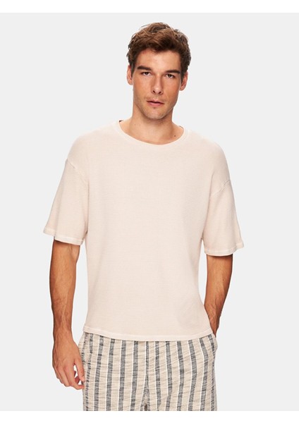 Kısa Kollu Geniş Yaka Basıc Loose Bej T-Shırt fiyatları