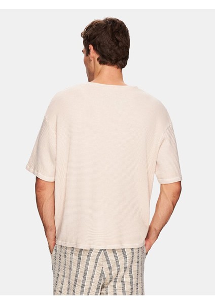 Kısa Kollu Geniş Yaka Basıc Loose Bej T-Shırt modelleri