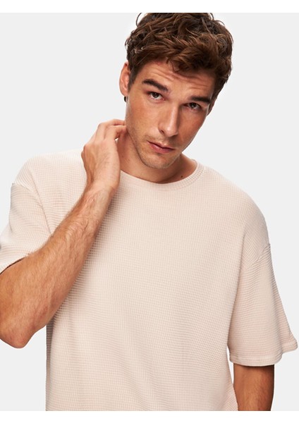 Kısa Kollu Geniş Yaka Basıc Loose Bej T-Shırt indirimleri