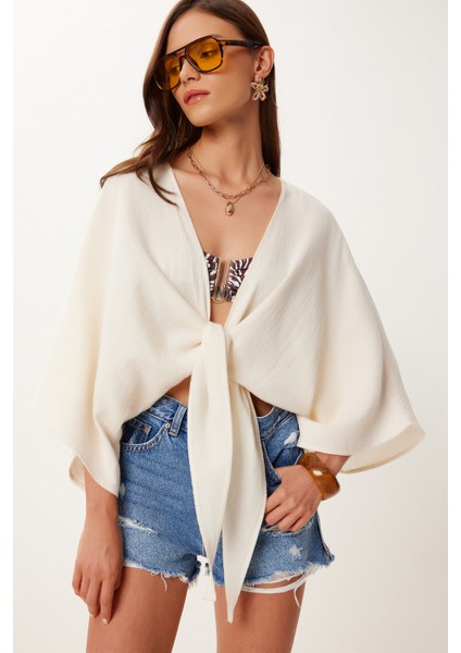 Bağlama Detaylı Crop Müslin Bluz Krem LMX0092