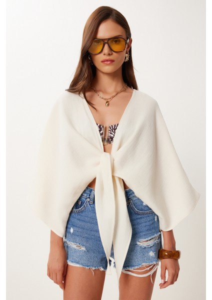 Bağlama Detaylı Crop Müslin Bluz Krem LMX0092