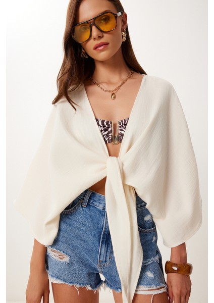 Bağlama Detaylı Crop Müslin Bluz Krem LMX0092