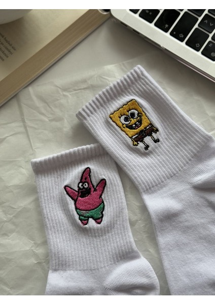 Unisex Sünger Bob Patrick Nakışlı Beyaz Yazlık Kışlık Soket Eğlenceli Çorap Seti