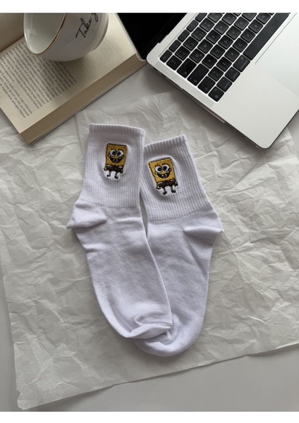 Unisex Sünger Bob Patrick Nakışlı Beyaz Yazlık Kışlık Soket Eğlenceli Çorap Seti
