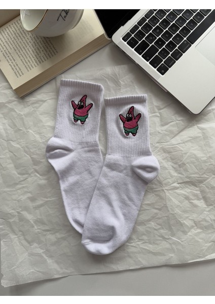 Unisex Sünger Bob Patrick Nakışlı Beyaz Yazlık Kışlık Soket Eğlenceli Çorap Seti