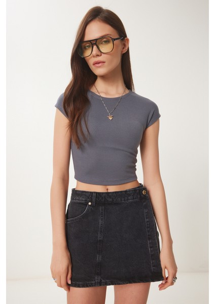 Basic Crop Örme Bluz Füme LFW0005