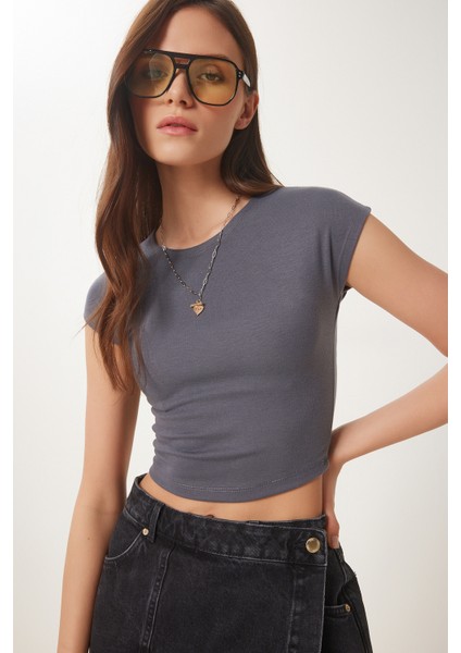 Basic Crop Örme Bluz Füme LFW0005