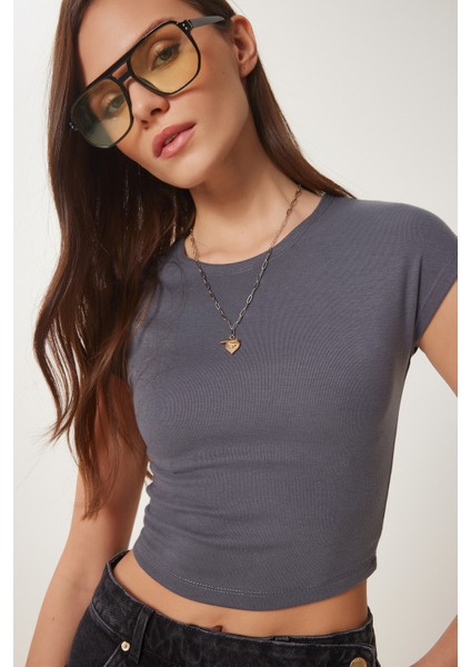 Basic Crop Örme Bluz Füme LFW0005