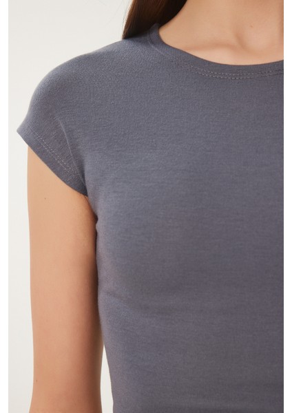 Basic Crop Örme Bluz Füme LFW0005