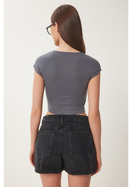 Basic Crop Örme Bluz Füme LFW0005