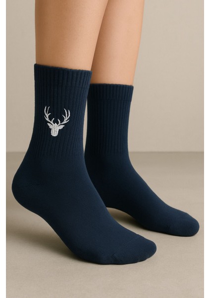 Geyik Nakışlı Renkli Yazlık Kışlık Pamuklu Unisex Lacivert Soket Çorap modelleri