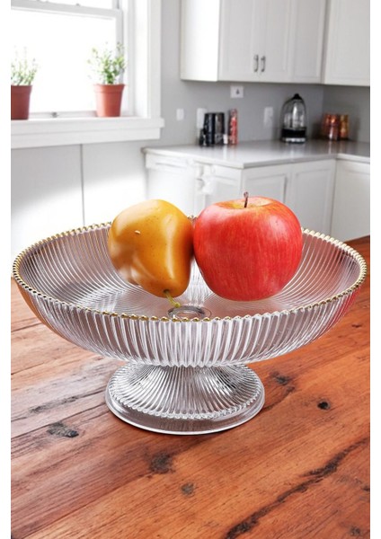 Royal Ayaklı Yaldız Detaylı Cam Salata Meyve Kasesi Sunum Tabağı 24 cm