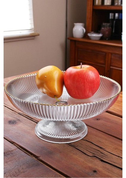 Royal Ayaklı Yaldız Detaylı Cam Salata Meyve Kasesi Sunum Tabağı 24 cm fiyatları