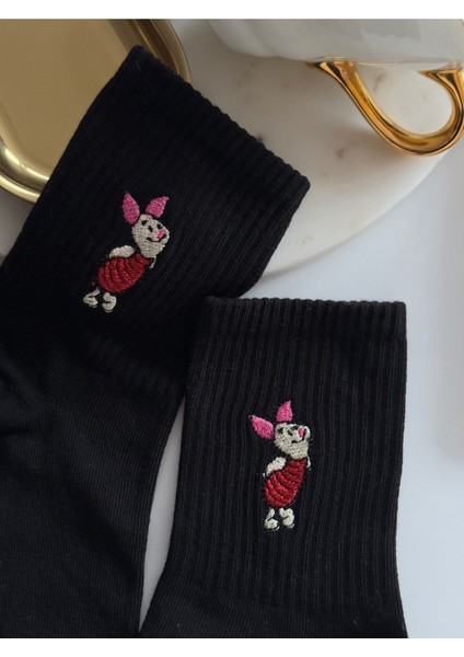 Piglet Nakışlı Yazlık Kışlık Pamuklu Sevimli Siyah Soket Çorap