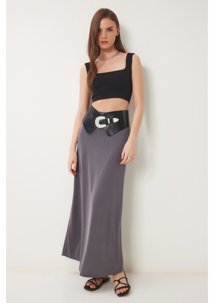 Yazlık Ince Midi Örme Etek Füme LHC0004 modelleri