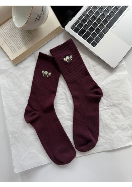 Köpek Nakışlı Sevimli Tatlı Yazlık Kışlık Bordo Unisex Tekli Soket Çorap.