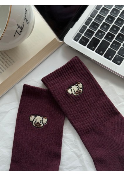 Köpek Nakışlı Sevimli Tatlı Yazlık Kışlık Bordo Unisex Tekli Soket Çorap.