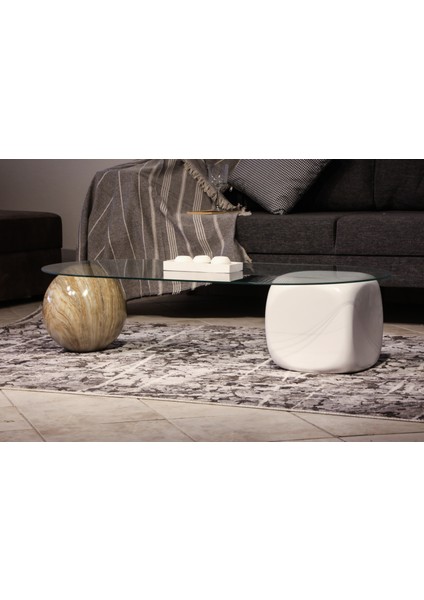 Modern Orta Sehpa & Top Sehpa Cam Sehpa & Küre Orta Sehpa - 1 Traverten Top & 1 Beyaz Zar - Oval - Şeffaf Cam modelleri