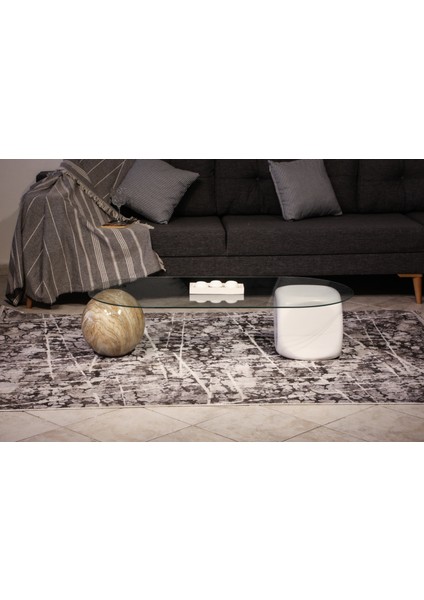 Modern Orta Sehpa & Top Sehpa Cam Sehpa & Küre Orta Sehpa - 1 Traverten Top & 1 Beyaz Zar - Oval - Şeffaf Cam